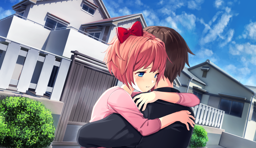 An anime couple hugging in front of a house.