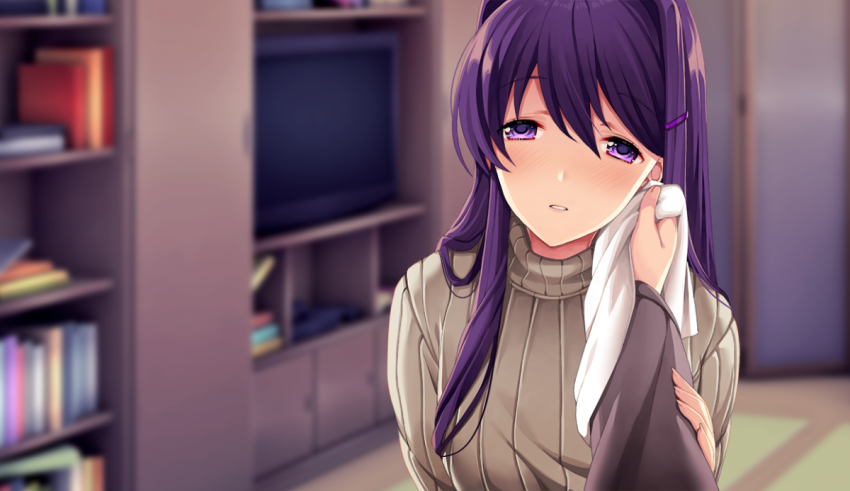 A girl with purple hair is holding a handkerchief in front of a bookcase.