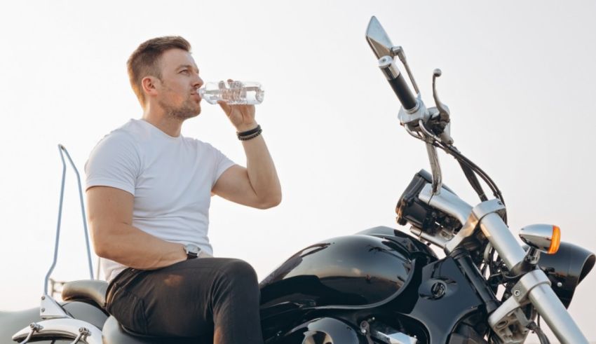 A man drinking water from a bottle while sitting on a motorcycle.