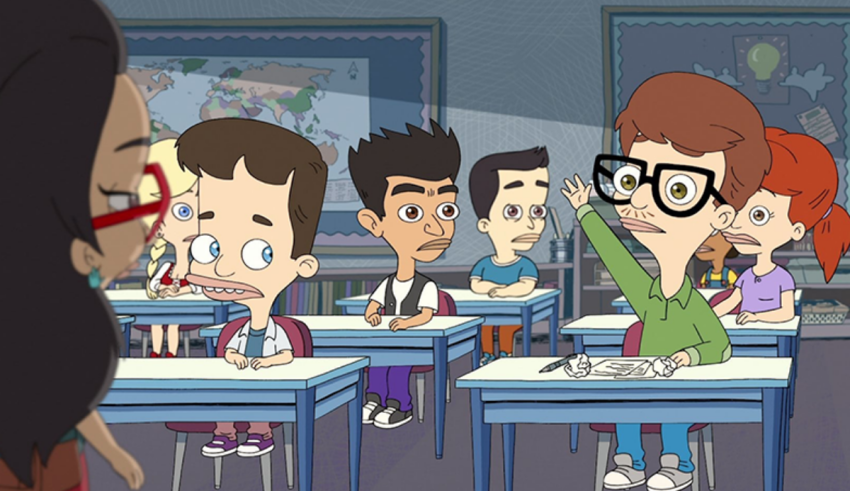 A cartoon image of a group of people in a classroom.