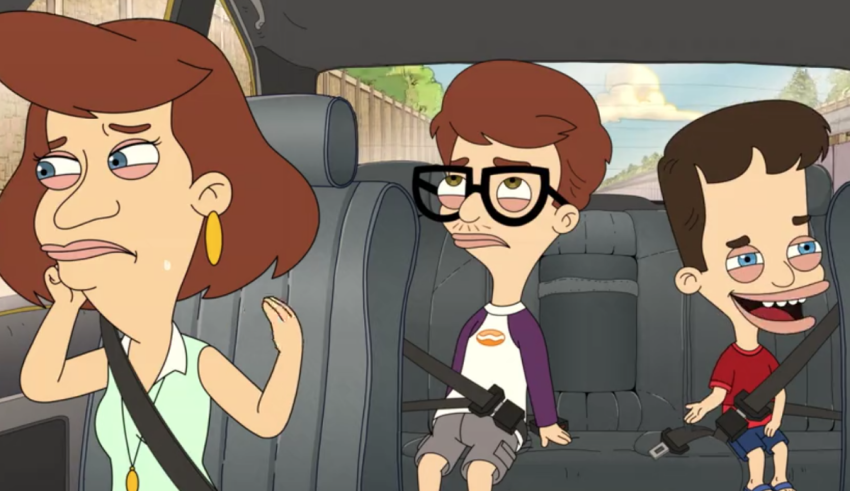 Three cartoon characters sitting in the back seat of a car.