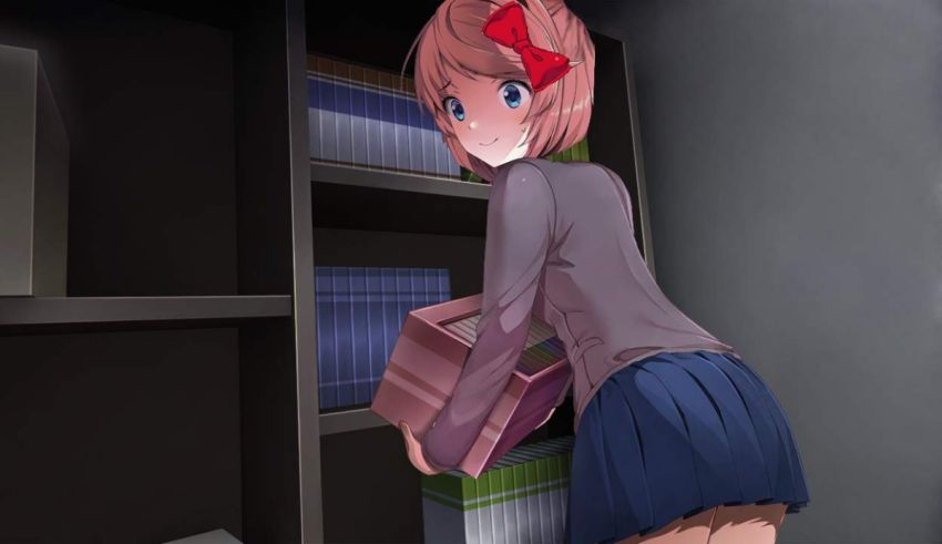 A girl with pink hair is reaching for a book in a bookcase.