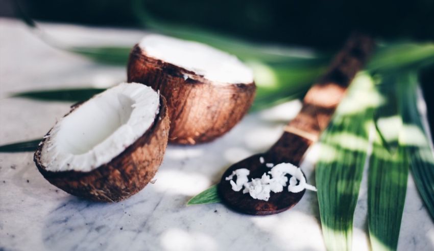 A coconut and a spoon on a marble table.