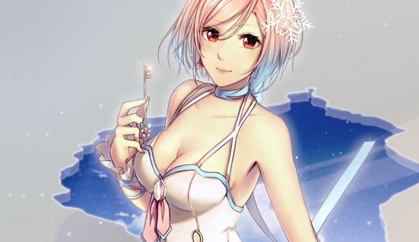 An anime girl with pink hair holding a sword.