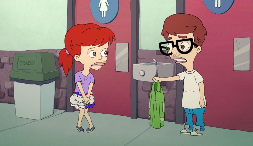 A cartoon man and woman standing in front of a bathroom.