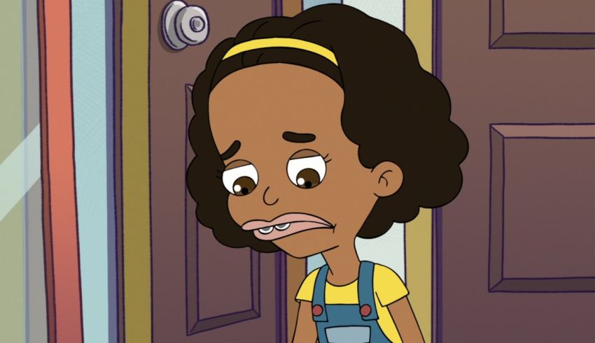 A cartoon girl in overalls standing in front of a door.