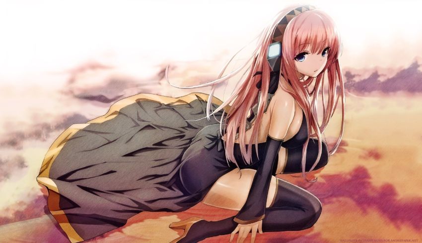 An anime girl with pink hair sitting on the ground.