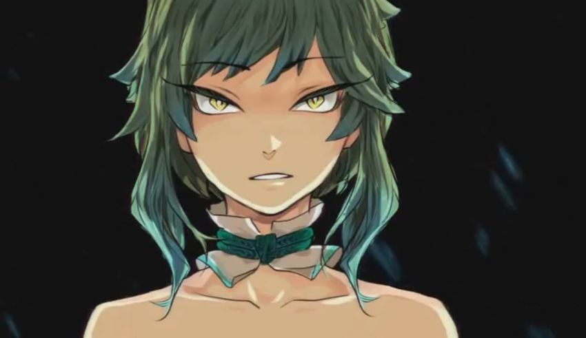 An anime girl with green hair and a collar.