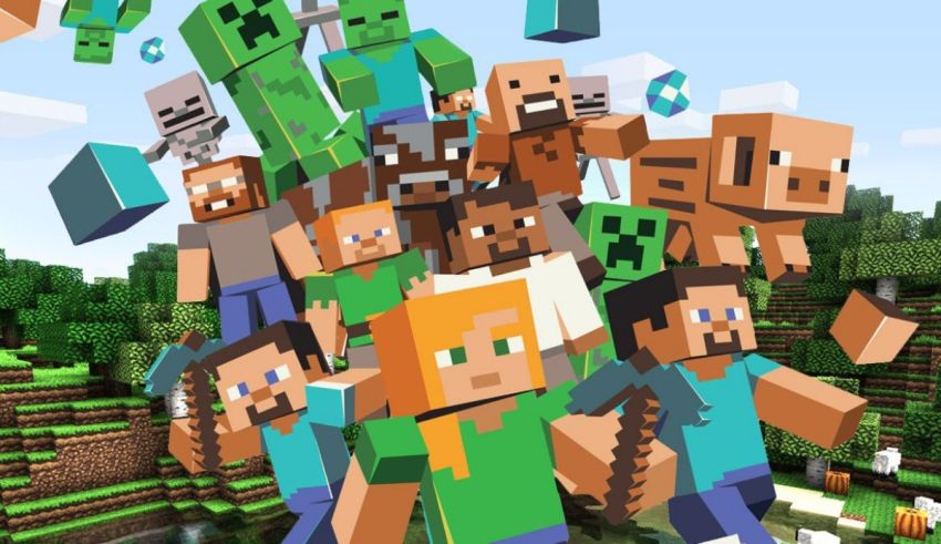 A group of minecraft characters are flying in the air.