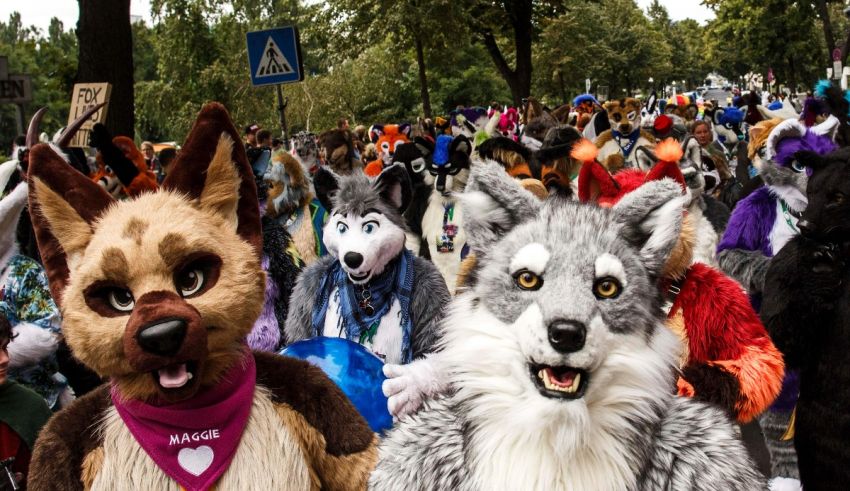 A group of people dressed as foxes on a street.