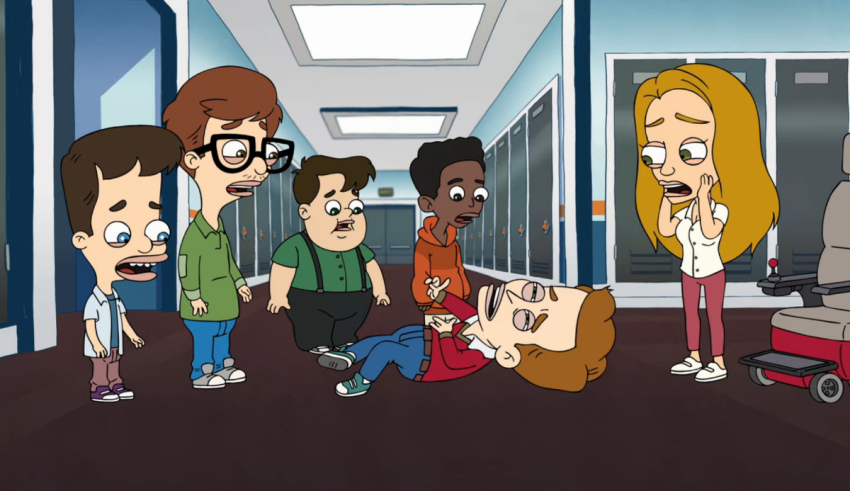 A group of cartoon characters standing in a hallway.