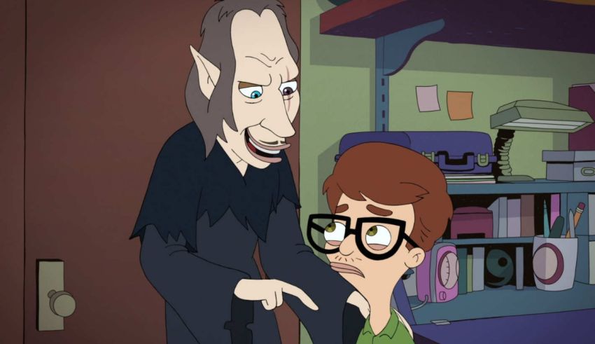 A cartoon character is standing next to a man in a room.