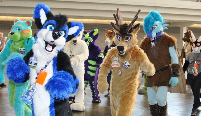 A group of people dressed as foxes in a convention hall.