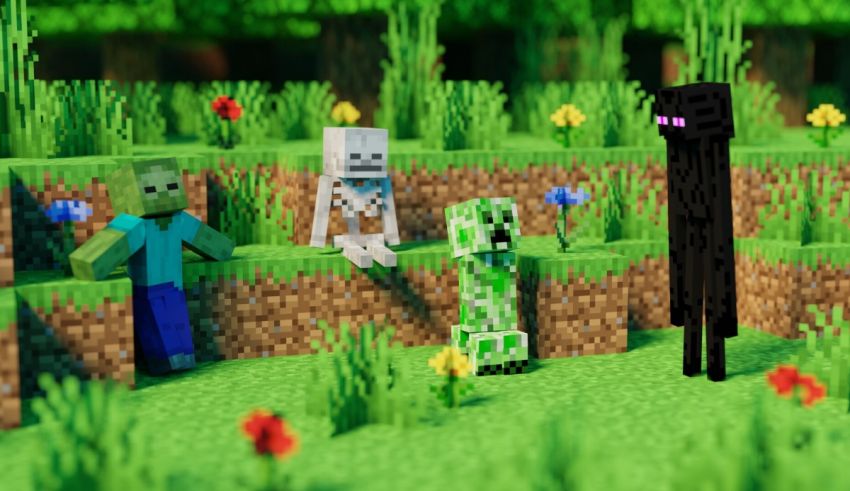 A group of minecraft characters standing in a field.