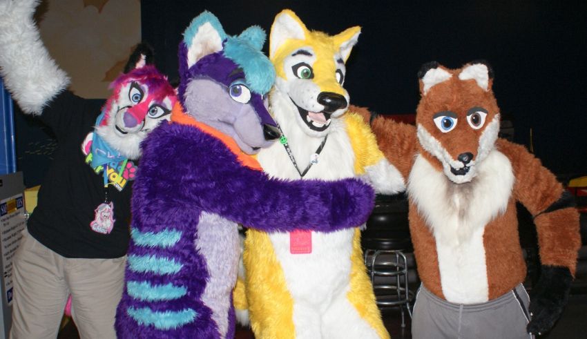 A group of fox mascots posing for a picture.
