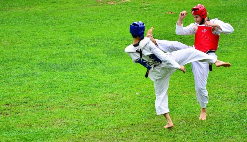 Two men practicing karate in a park.