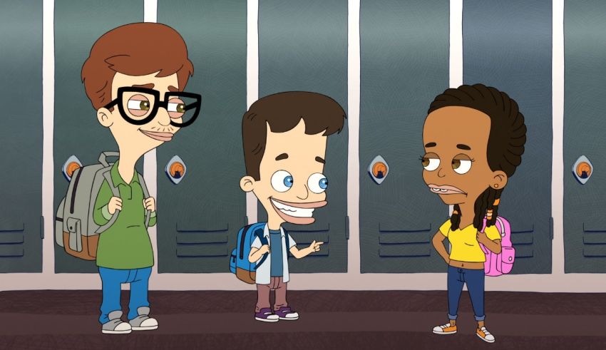 Three cartoon characters standing in front of lockers.