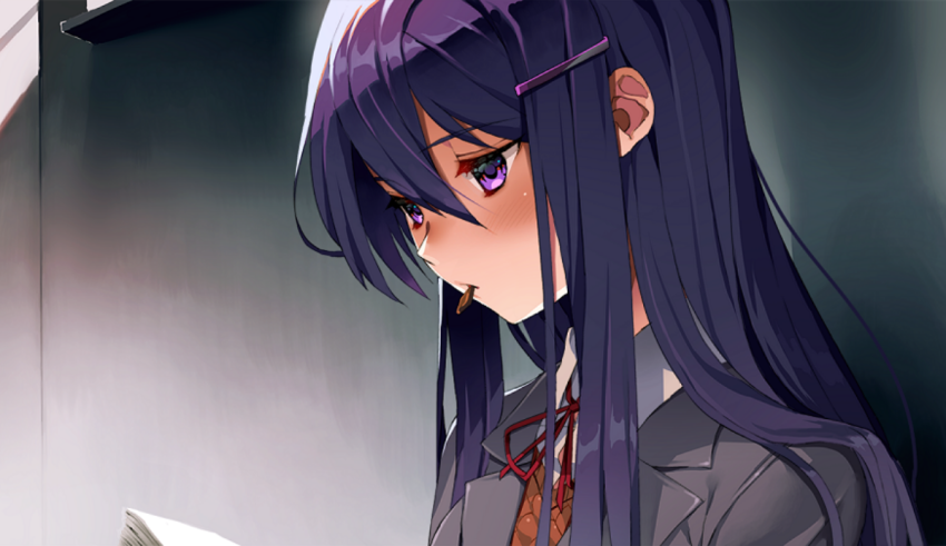 Anime girl with purple hair reading a book.