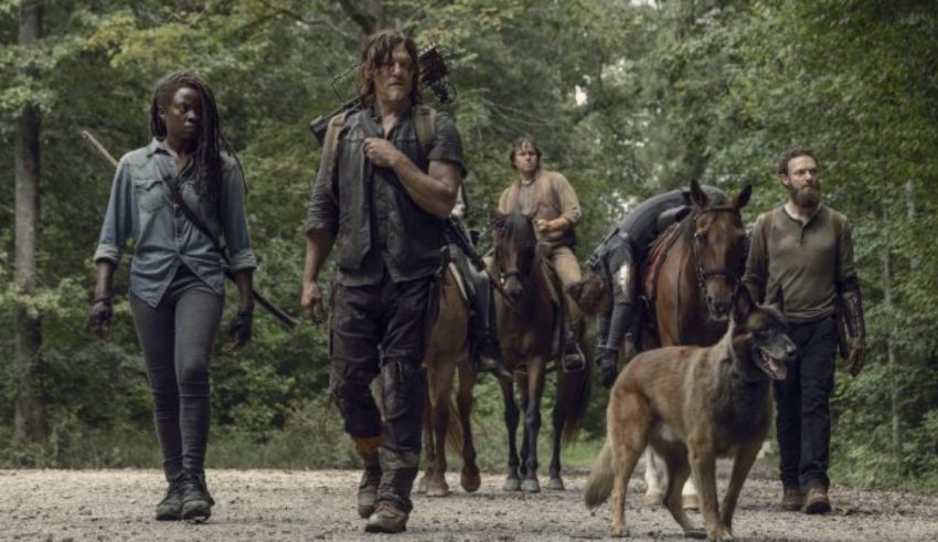 The walking dead - season 7 - a group of people and a dog walking down a path.