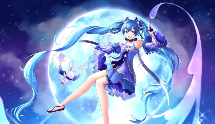 An anime girl with long blue hair and a moon in the background.