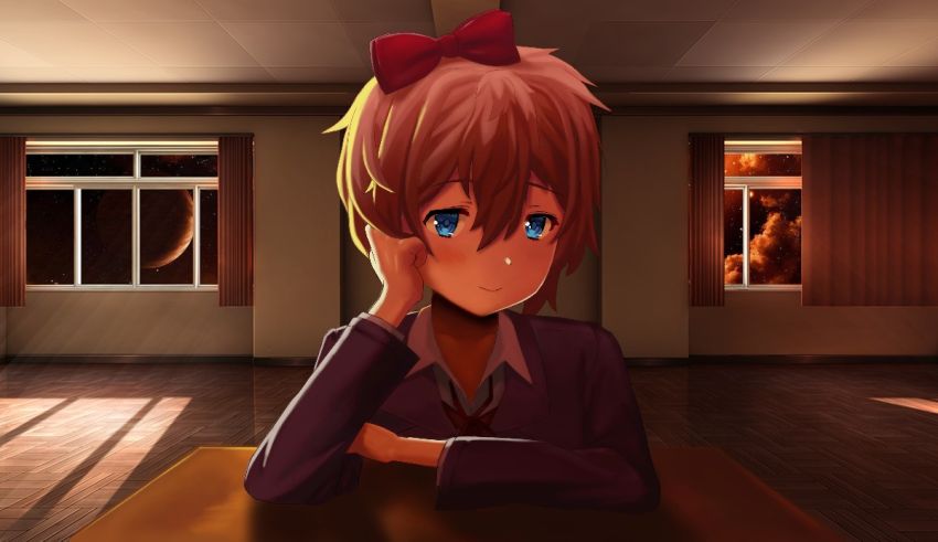 An anime girl sitting at a table in an empty room.