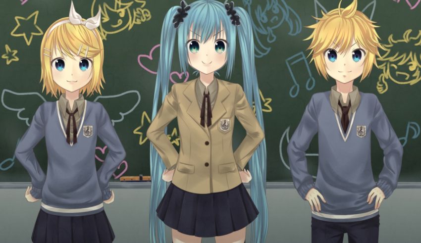 Three anime girls in school uniforms standing in front of a chalkboard.