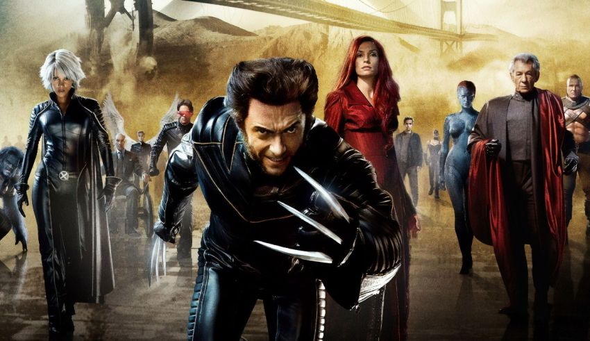 The x - men movie with many characters standing in front of a bridge.