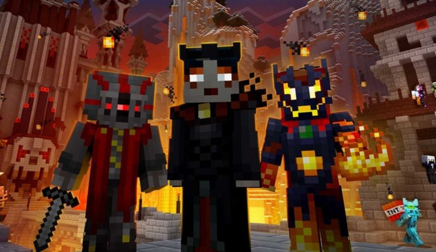 A group of minecraft characters standing in front of a city.