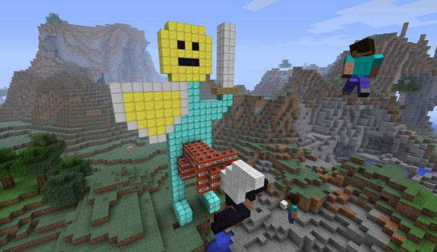 A screenshot of a minecraft game with a person on top of a mountain.