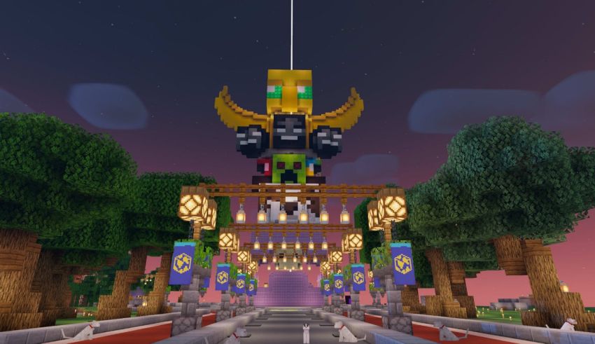 An image of a minecraft scene with lights and a castle.