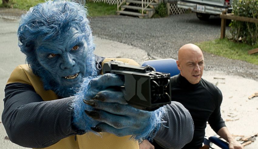 A man in blue costume is holding a gun.