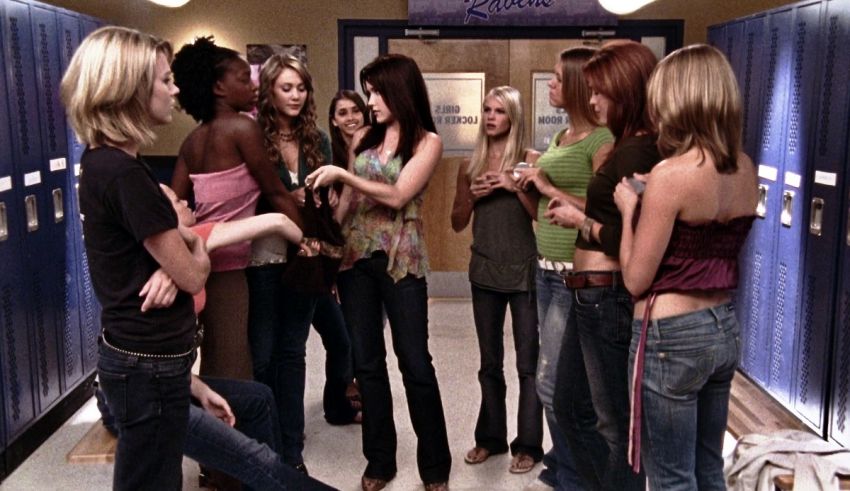 A group of girls standing in a locker room.