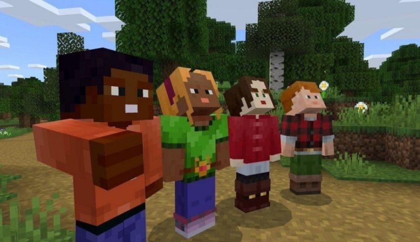 A group of minecraft characters standing in front of a forest.