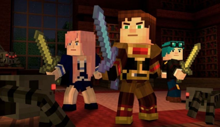 A group of minecraft characters with swords in a room.