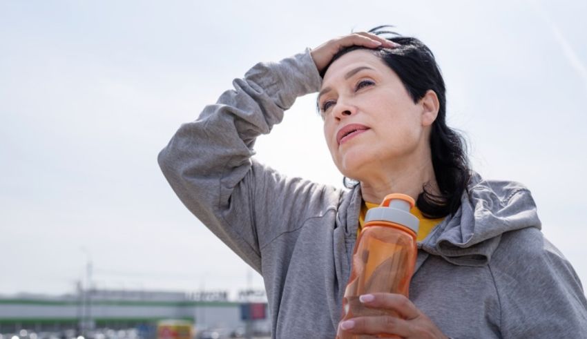 A woman is holding a water bottle and looking at her head.