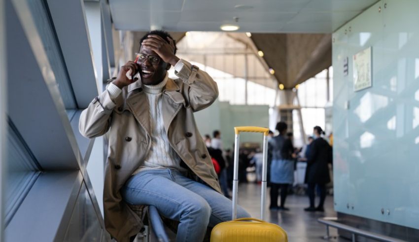 A man sitting in an airport holding a yellow suitcase and talking on the phone.