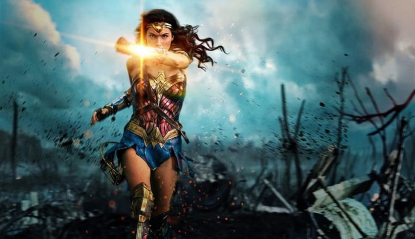 Wonder woman in action with a grenade in her hand.