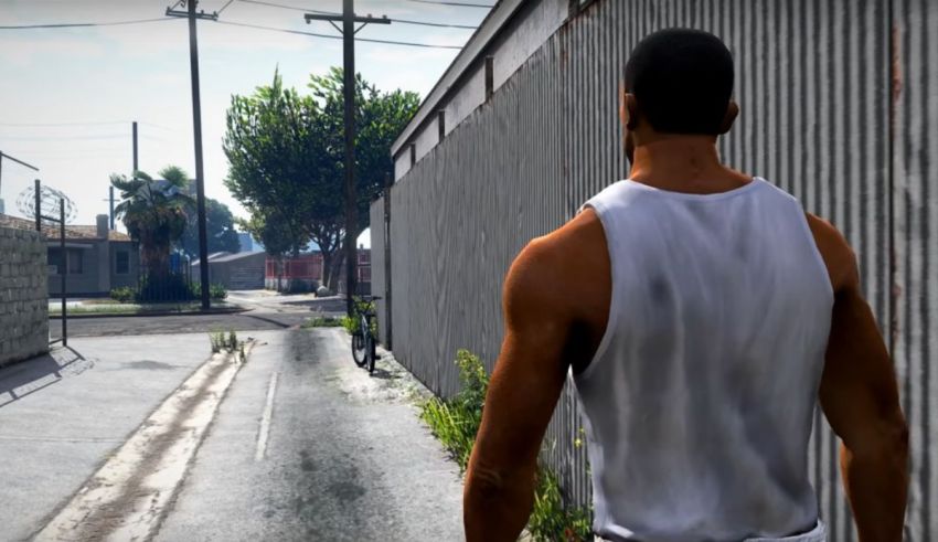 A man is walking down a street in a video game.