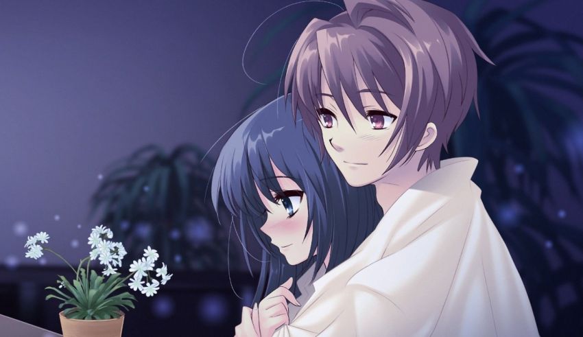 Two anime characters hugging in front of a potted plant.