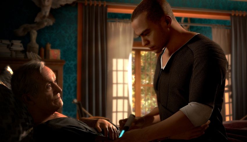 A man is holding a man's hand in a video game.
