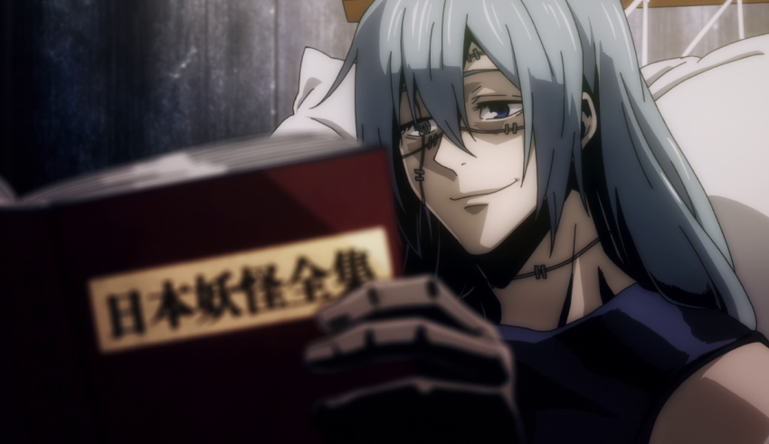 An anime character reading a book in bed.