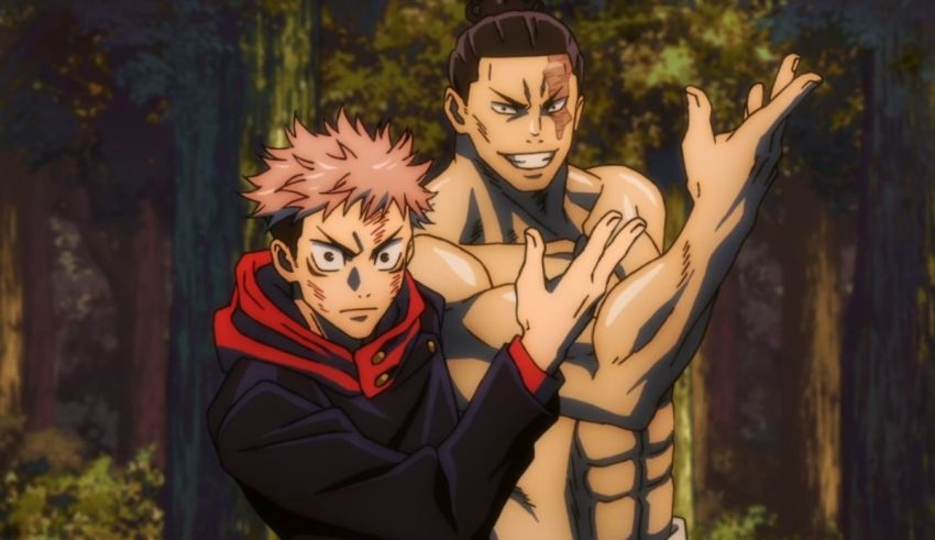 Two anime characters standing next to each other in the woods.