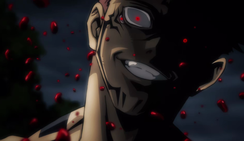 An anime character with red blood dripping from his eyes.