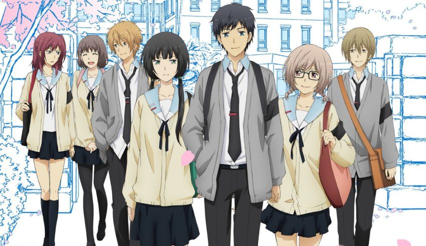 A group of anime characters standing in front of a building.
