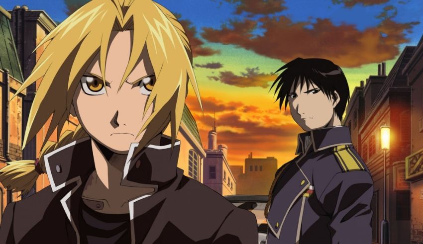 Two anime characters standing in front of a city.