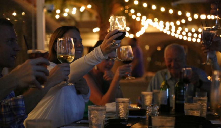 A group of people toasting wine glasses at a table.
