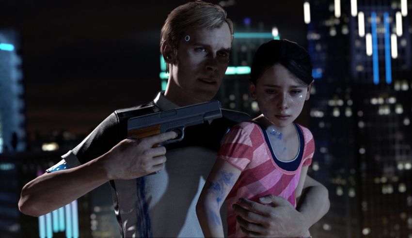 A man and woman holding a gun in front of a city.