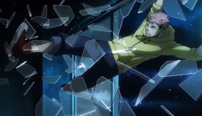 An anime character falling out of a glass window.