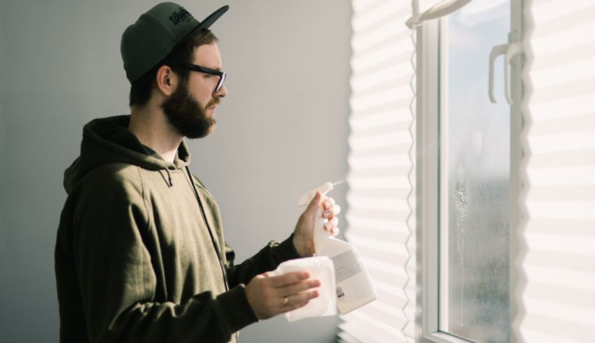 A bearded man in a hat and glasses is looking out of a window.