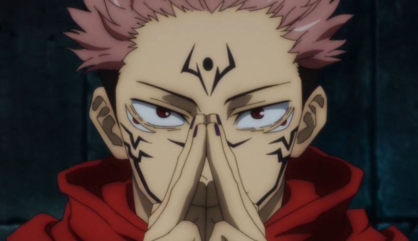 An anime character with pink hair covering his face with his hands.